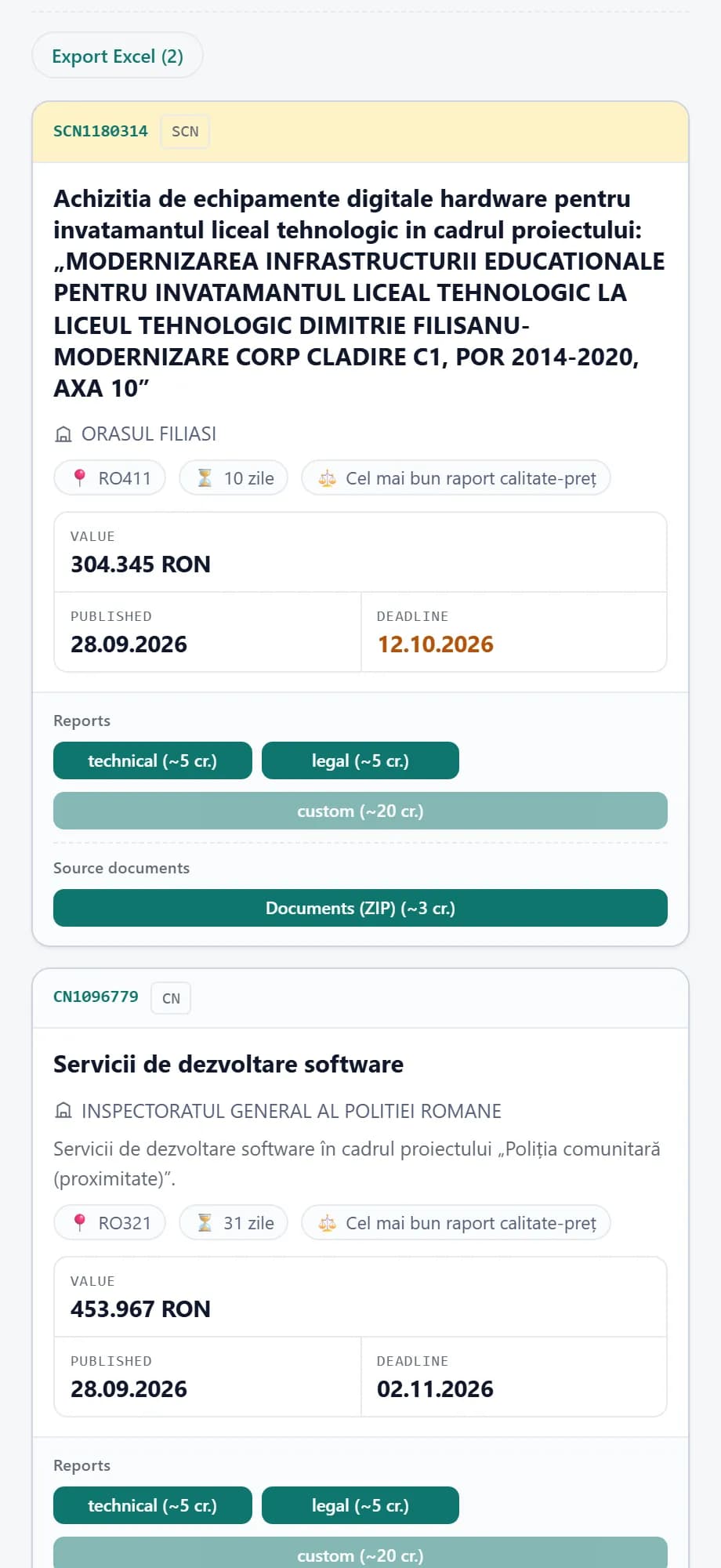 A tender page in tendiro, on a phone, with the report buttons