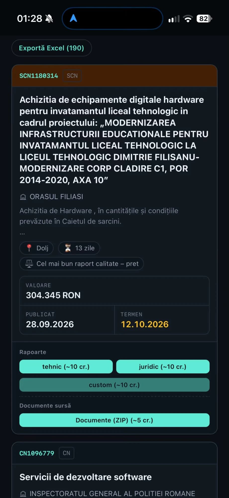 Fișa unei licitații în tendiro, pe telefon, cu butoanele de rapoarte