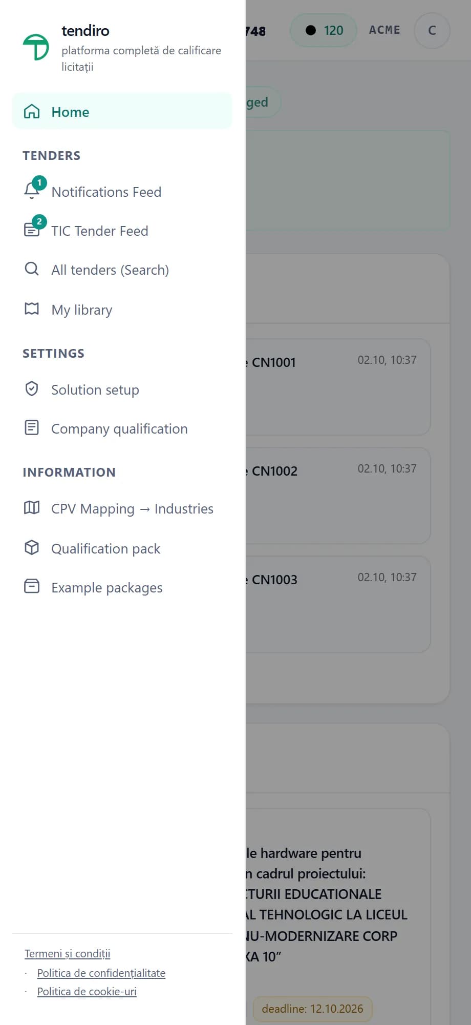 The tendiro platform menu in a phone browser