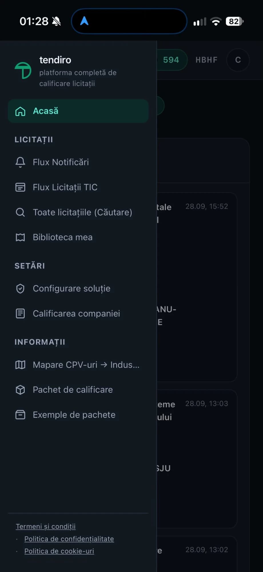 Meniul platformei tendiro în browserul telefonului