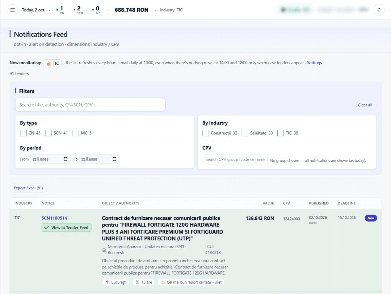 The Notification feed in tendiro: new ICT tenders, with filters by type, industry and CPV code